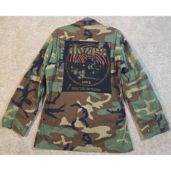 OOAK Upcycle Military Camo Jacket The Doors Rock Music Graphic Tee Boyfriend ML - Picture 1 of 10